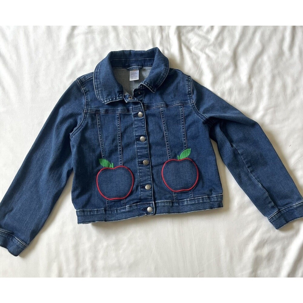 Gymboree Denim Jean Jacket Girls 10 Blue Snap Front Embroidered Apple Pockets